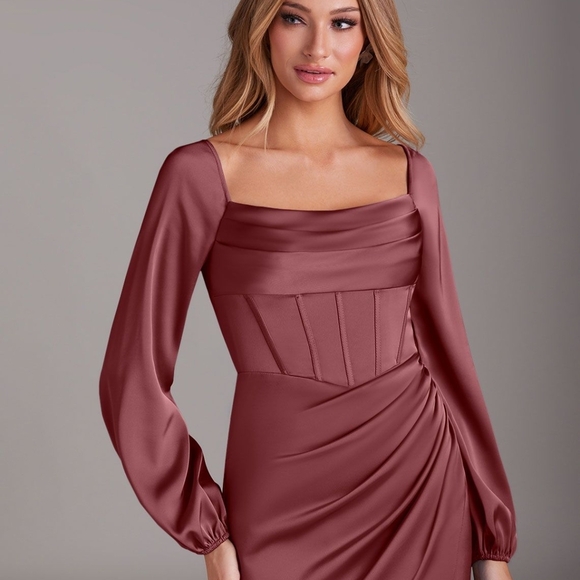 Azazie Dresses & Skirts - Azazie Mauve Long-Sleeve Stretch Satin Corset Gown Size A16